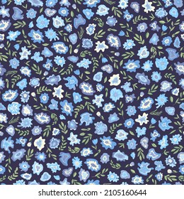 Seamless floral pattern in blue and cream. All over abstract botanical print.