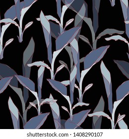 Seamless floral pattern of blue exotic plant with red contour on the dark background. Fabric texture. Wallpaper. 