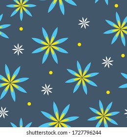 Seamless floral pattern with blue, eyellow, white peteals and yellow polka dot. Vector repeating flower background for textile, fabrics, wallpaper, print, cover, backdrop, surface, banner, design