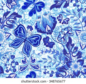 Seamless floral pattern with blue fantasy flowers and butterflies on colorful background, vector illustration.