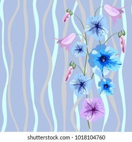 Seamless floral pattern, blue flowers on a background of wavy bands. Vector