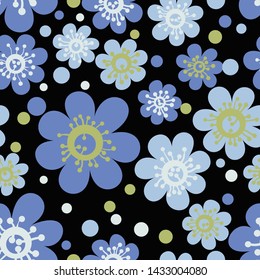 Seamless floral pattern. Blue flowers are chaotically arranged against a dark background. Print for textiles. Vector illustration.