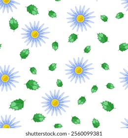 Seamless floral pattern. Blue flowers and green leaves on the white background. Botany pattern. Daisy. Chamomile. Vector illustration