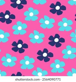 Seamless floral pattern with blue flowers on bright neon pink background. Children's repeat fabric print for jackets, warm winter overalls, quilted coats, puffer boots, girls' sneakers, accessories.