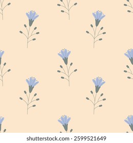 Seamless floral pattern with blue flowers on beige background. Simple floral background in pastel colors