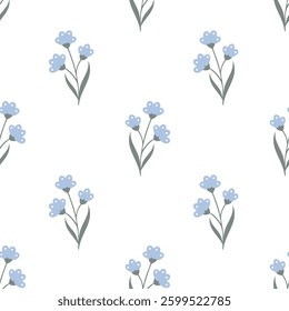 Seamless floral pattern with blue flowers on white background. Simple floral background in pastel colors, wallpaper.
