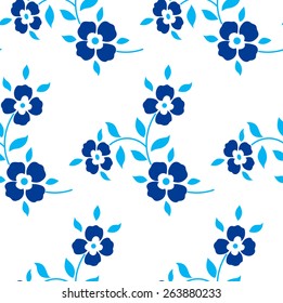 Seamless floral pattern. Blue flowers, leaves, foliage