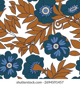 Seamless Floral Pattern Blue Flowers Brown Leaves