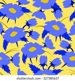 Seamless floral pattern. Blue flowers on a yellow background.
