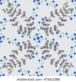 Seamless floral pattern with blue flowers on white background.