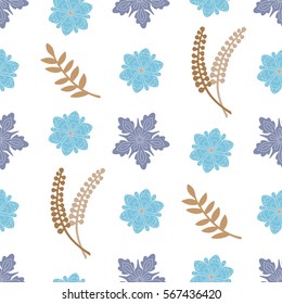 Seamless floral pattern with blue flowers and golden leaves on white background