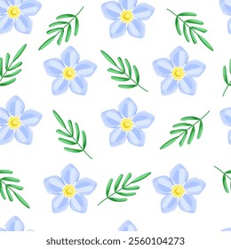 Seamless floral pattern. Blue forget-me-not flowers and green leaves on the white background. Botany pattern. Vector illustration