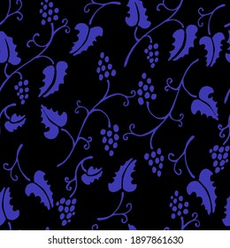 Seamless floral pattern with blue grapes on a black background
