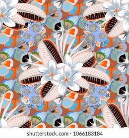 Seamless floral pattern in blue and gray colors with motley plumeria flowers. Vector illustration.