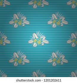 Seamless floral pattern in blue, gray and yellow colors with motley plumeria flowers. Vector illustration.