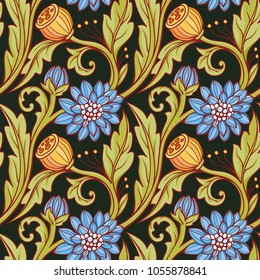 Seamless floral pattern. Blue and green, black background. Composition 1.