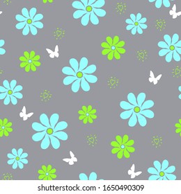 Flores azules y verdes con mariposas sin fisuras. Fondo de flores de repetición vectorial para textiles, tejidos, papel tapiz, impresión, cubierta, fondo, superficie, banner, diseño de envase
