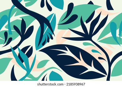 Nahtlose Blumenmuster, blau, grün auf weißem Hintergrund. Exotische Designs für Gewebe, Papier, Innendekoration, Vektorgrafik