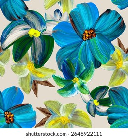 Seamless floral pattern with blue and green hand drawn abstract flower and leaf background elements. Flower garden wallpaper design vector