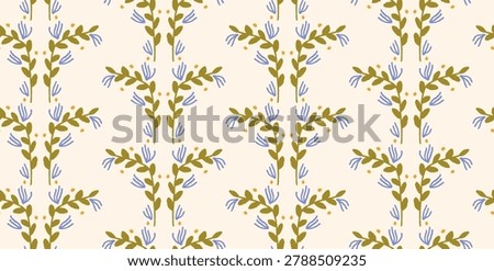 Seamless Floral Pattern with blue hand drawn Flowers, green leafy branches, yellow dots. Repeating Wallpaper for Wrapping paper, Textile, Gift bag, Surface design. Flat Vector Illustration