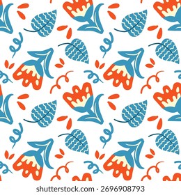 Seamless floral pattern with blue leaves and orange flowers in flat folk vector style, perfect for textile design, wallpapers, wrapping paper, and decorative backgrounds.