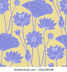 seamless floral pattern with blue lotus flowers on light brown background