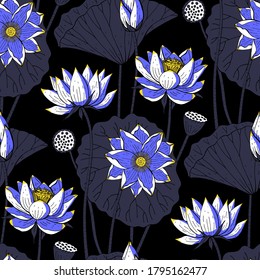 Patrón floral sin brillo con flores de loto azul sobre fondo negro. Ilustración vectorial de material.