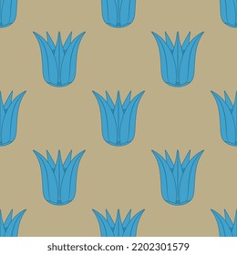 Seamless floral pattern with blue lotus blossom on yellow background. Ancient Egyptian ethnic design.