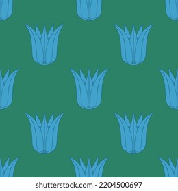 Seamless floral pattern with blue lotus blossom on green background. Ancient Egyptian ethnic design.