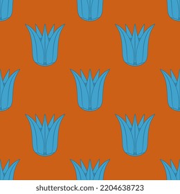 Seamless floral pattern with blue lotus blossom on orange background. Ancient Egyptian ethnic design.
