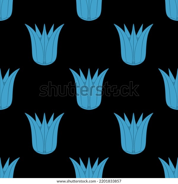 Seamless floral pattern with blue\
lotus blossom on black background. Ancient Egyptian ethnic\
design.