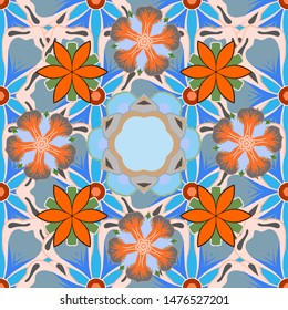 Seamless Floral Pattern in blue, orange and gray colors. Vector illustration.