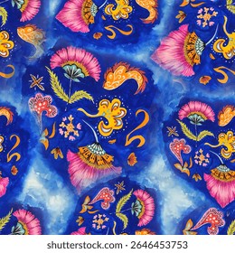 Seamless floral pattern with blue and orange hand drawn abstract flower and leaf background elements. Flower garden wallpaper design vector