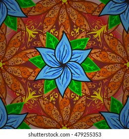 Seamless floral pattern with blue and orange flowers. Vector.