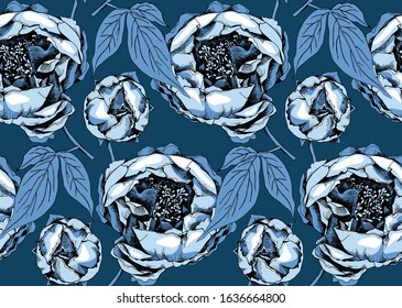 Seamless floral pattern. Blue Peony flowers, buds and leaves. Textile composition, hand drawn style print. Vector illustration.
