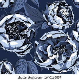 Seamless floral pattern. Blue Peony flowers, buds and leaves on a dark background. Textile composition, hand drawn style print. Vector illustration.