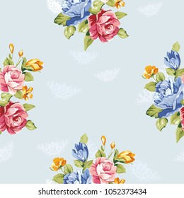 Seamless floral pattern with blue and pink roses Vector Illustration