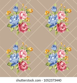 Seamless floral pattern with blue and pink roses Vector Illustration