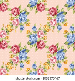 Seamless floral pattern with blue and pink roses Vector Illustration