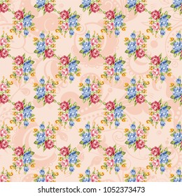 Seamless floral pattern with blue and pink roses Vector Illustration