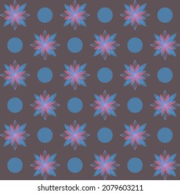 Seamless floral pattern with blue and pink flowers on the dark chocolate background. Repeated tile with snowflakes or stars on brown for wrapping and craft paper or textile.
