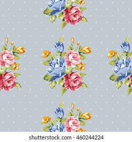 Seamless floral pattern with blue and pink roses Vector Illustration EPS8
