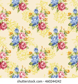 Seamless floral pattern with blue and pink roses Vector Illustration EPS8
