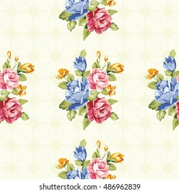 Seamless floral pattern with blue and pink roses Vector Illustration EPS8
