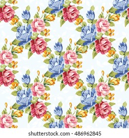 Seamless floral pattern with blue and pink roses Vector Illustration EPS8
