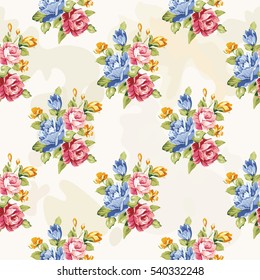 Seamless floral pattern with blue and pink roses Vector Illustration EPS8
