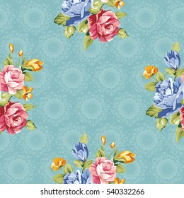 Seamless floral pattern with blue and pink roses Vector Illustration EPS8
