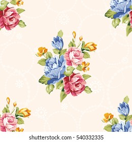 Seamless floral pattern with blue and pink roses Vector Illustration EPS8
