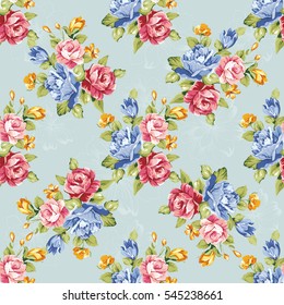 Seamless floral pattern with blue and pink roses Vector Illustration EPS8
