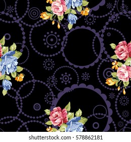 Seamless floral pattern with blue and pink roses Vector Illustration EPS8